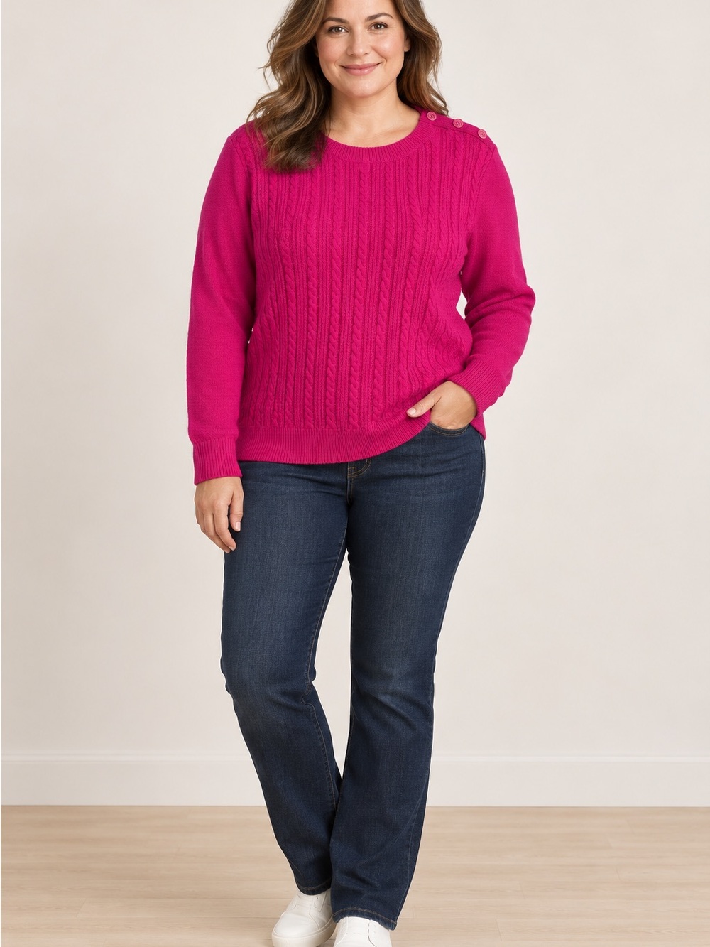 Talbots Plus Womens XL Pink Cable Knit Shoulder Button Pullover Sweater